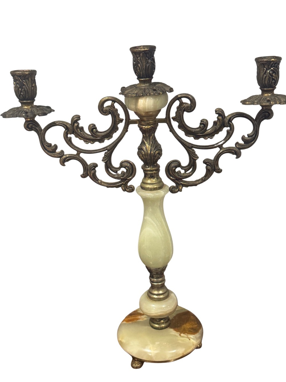 Antique Brass and Cream Marble 3-Arm Candelabra
